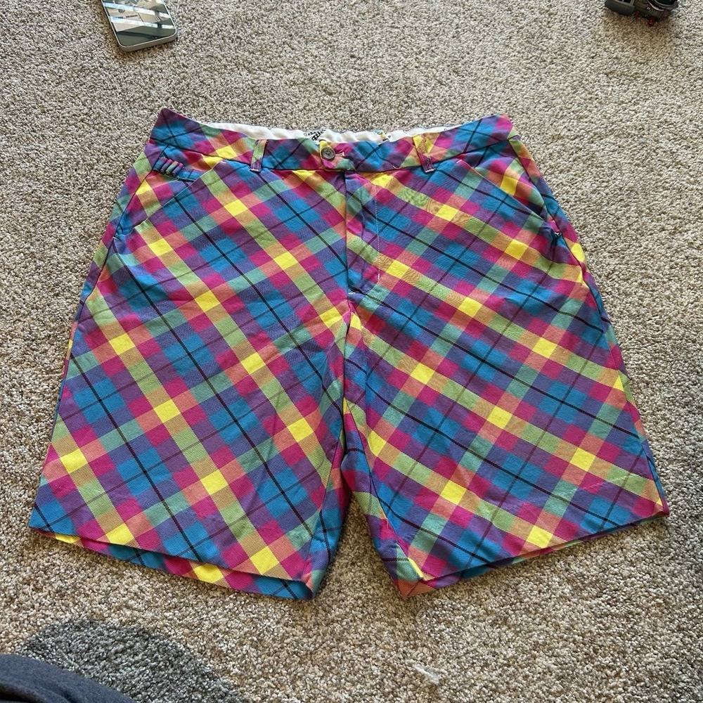 Royal & Awesome Plaid Golf Shorts Multicolor Bright Check Men's Size 36